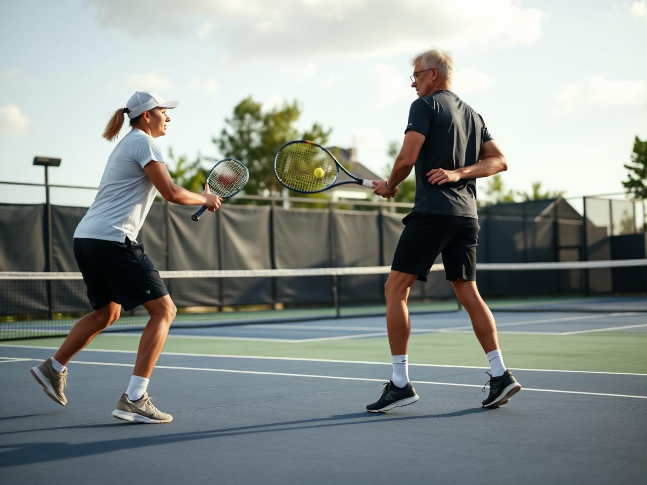 Adult tennis coaching session on modern courts