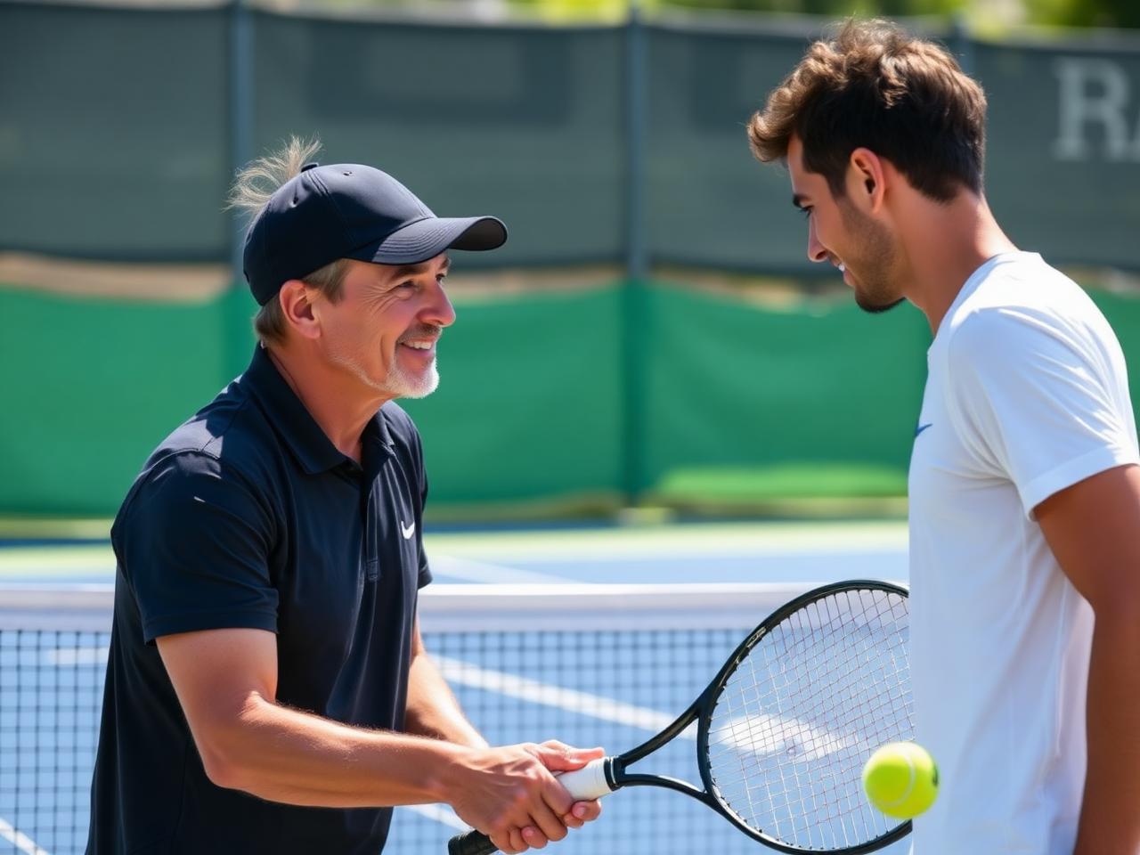 Tennis coach training a young player on an outdoor court