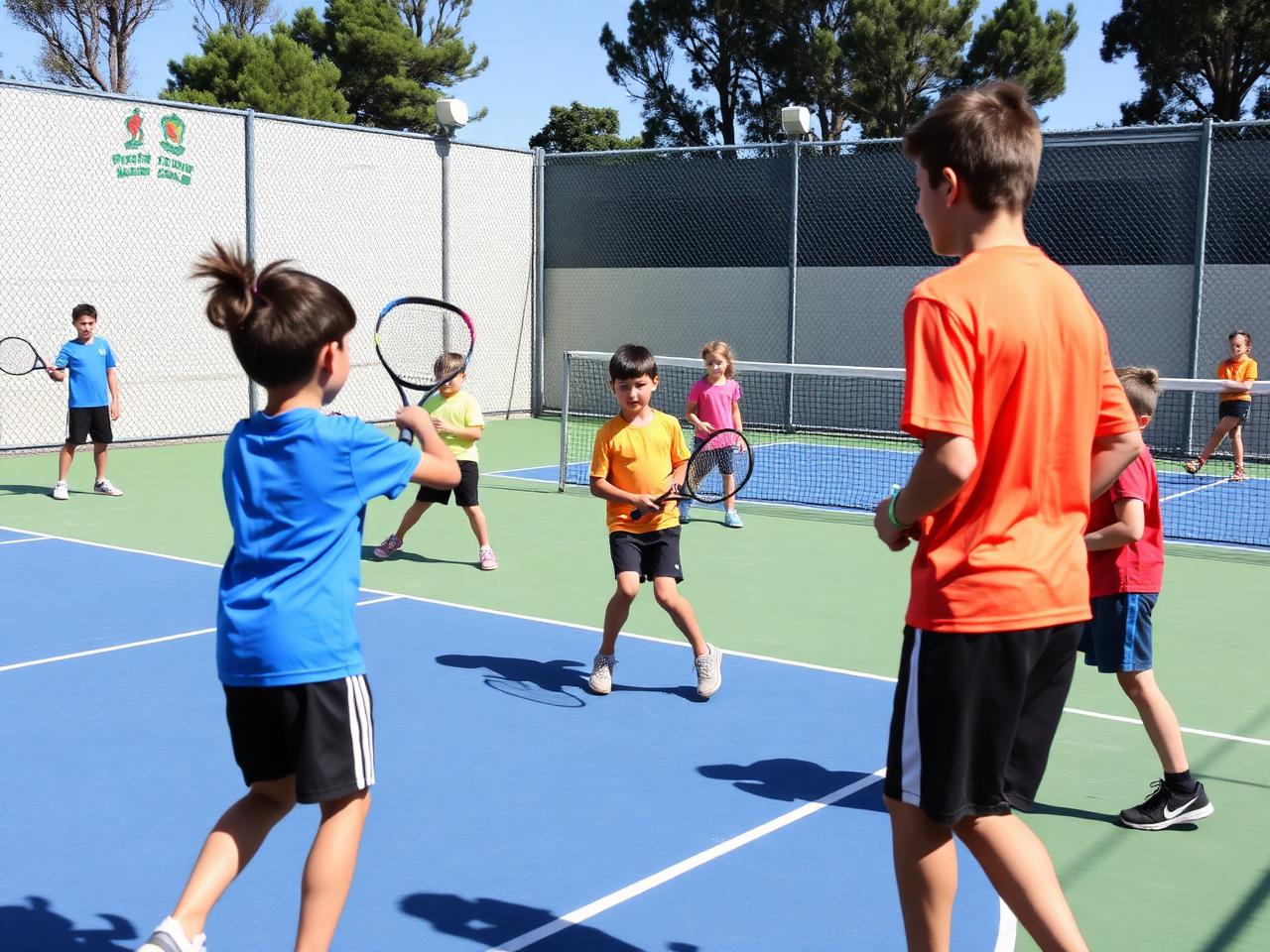 Junior tennis training session with children practicing